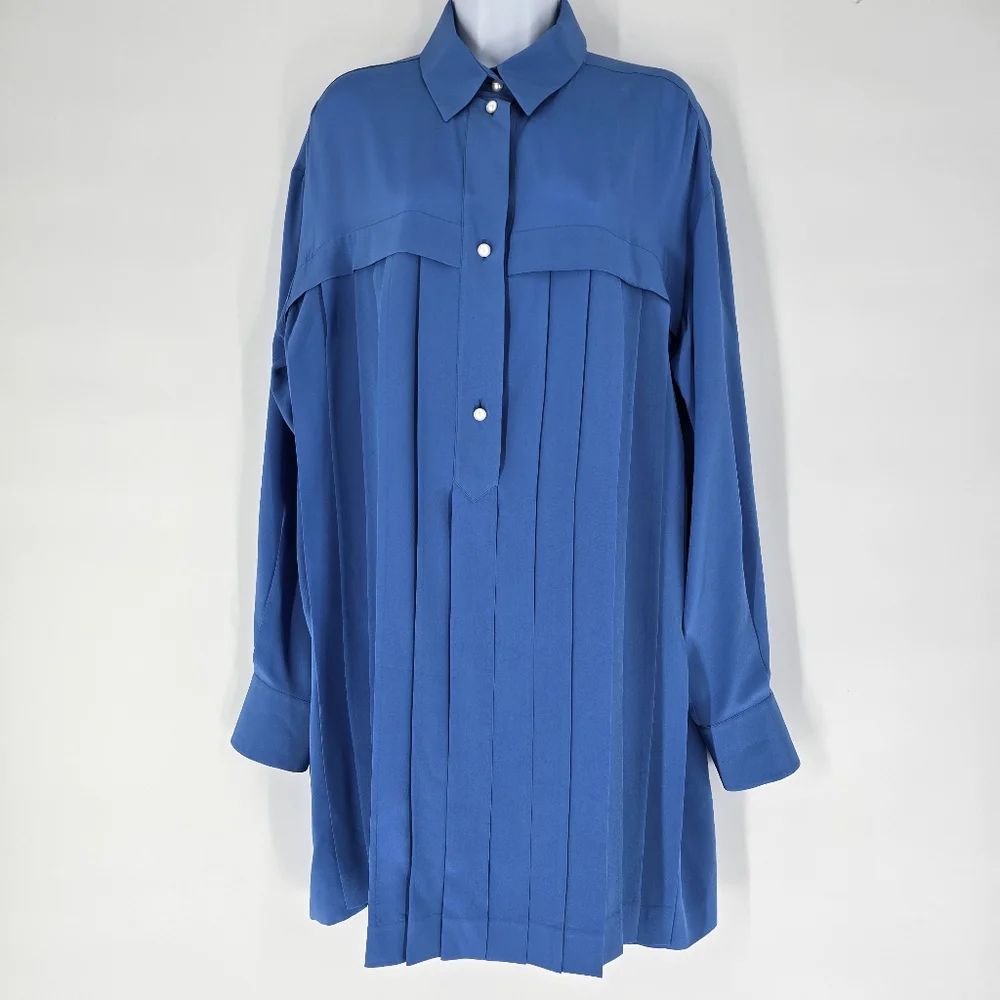 Chanel Blue Pleated Silk Shirt Pearl Buttons Size 46 US 10
